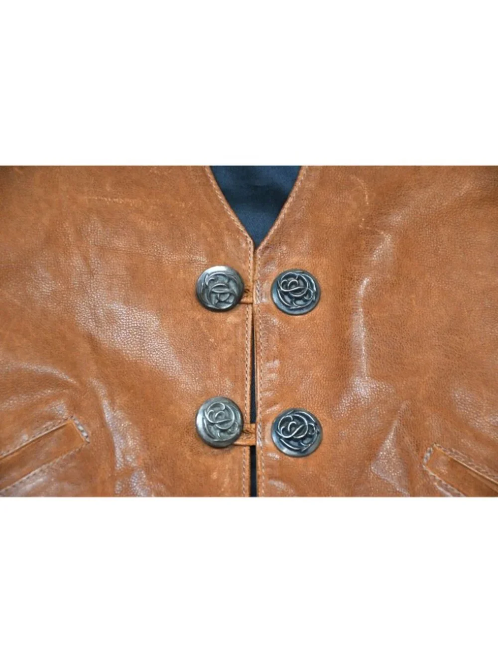 Chrome Hearts L Lng Bck Leather Vest Floral Button Brown S